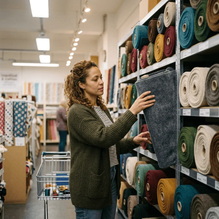 Felt Selection Guide 14 Woman examining rolls of fabric in a fabric store aisle