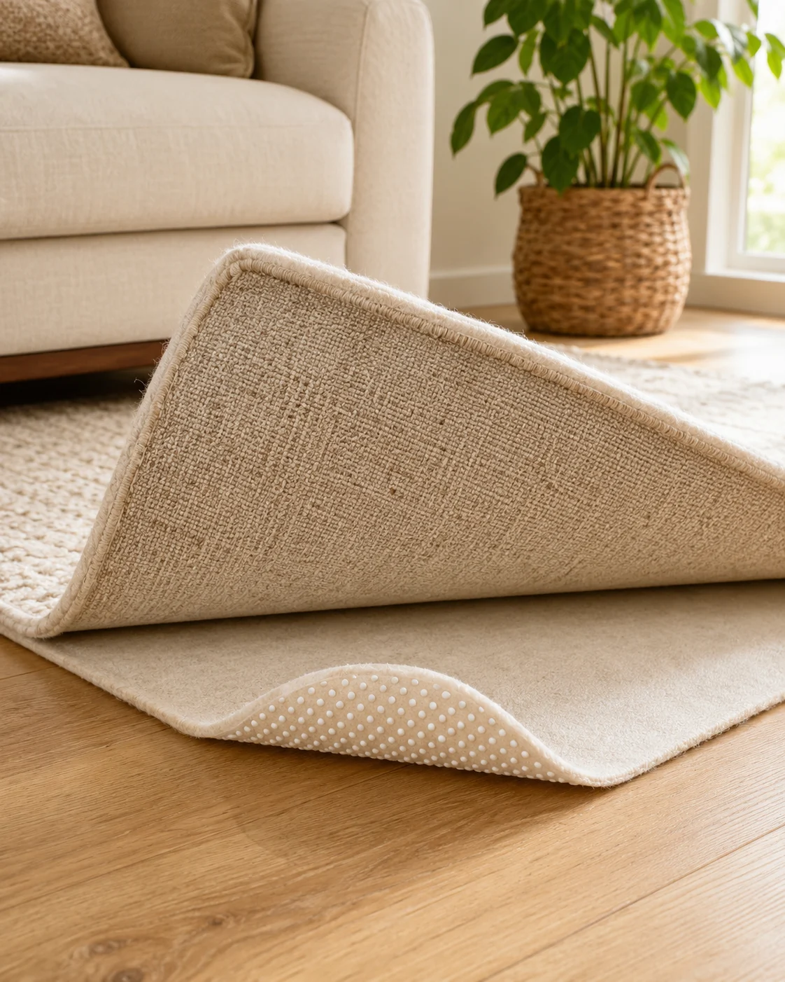 미끄럼방지 도트 논슬립 펠트 원단 미디엄소프트타입 두께3mm 크기90x110cm 1마 2 러그 바닥면과 펠트면이 맞닿고 도트면이 마루바닥을 향한 논슬립 펠트 사용 예시