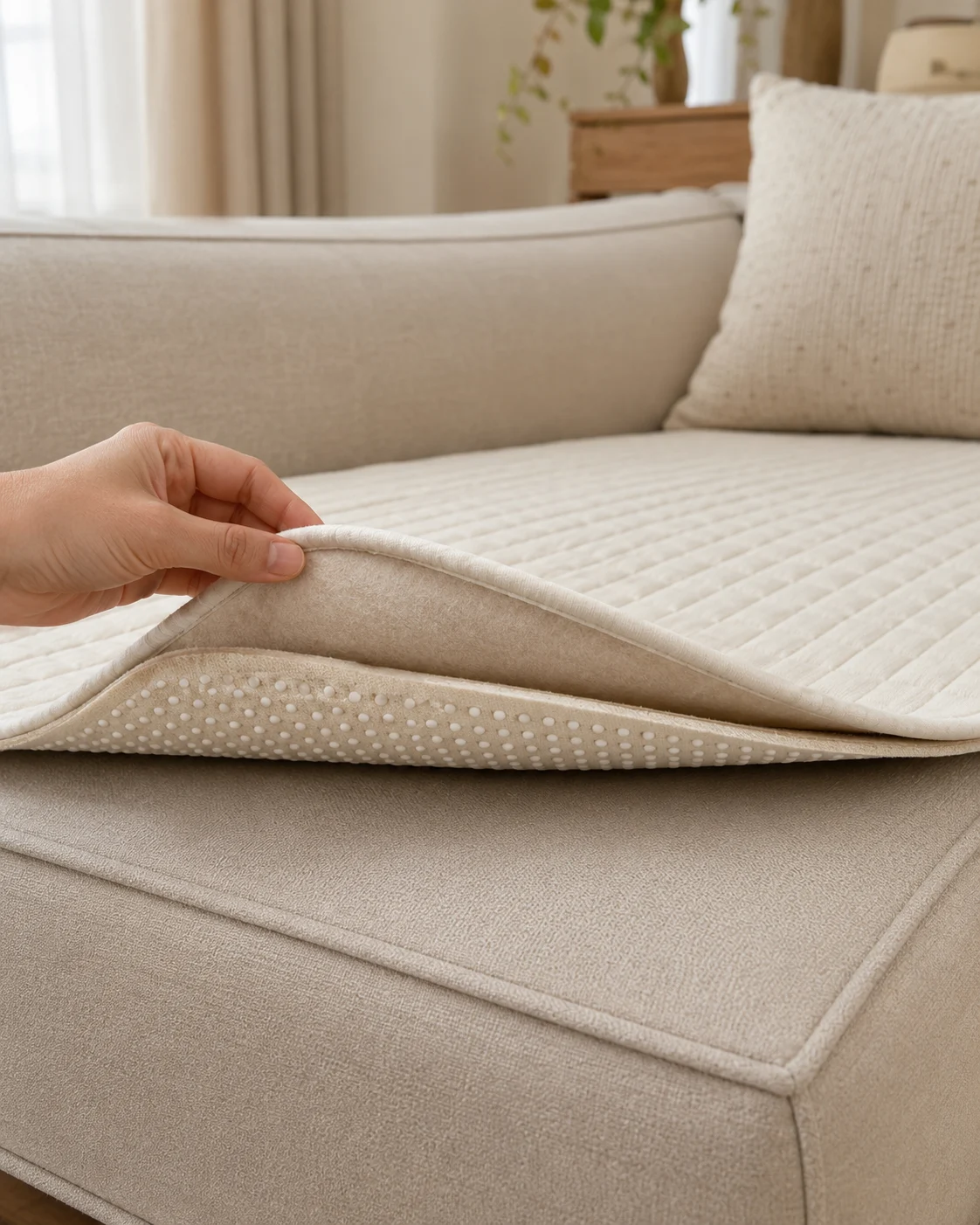 미끄럼방지 도트 논슬립 펠트 원단 미디엄소프트타입 두께3mm 크기90x110cm 1마 6 상단 소파패드와 펠트면이 맞닿고 도트면이 소파 좌판을 향한 사용 예시